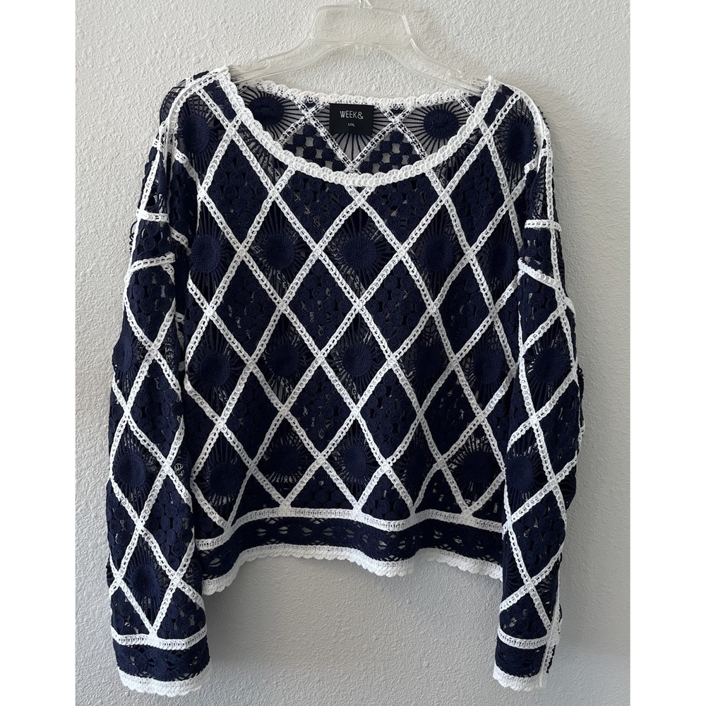 Crochet Open Knit Blouse Top Size L/XL Blue White Bell Sleeve Boho Fishermancore